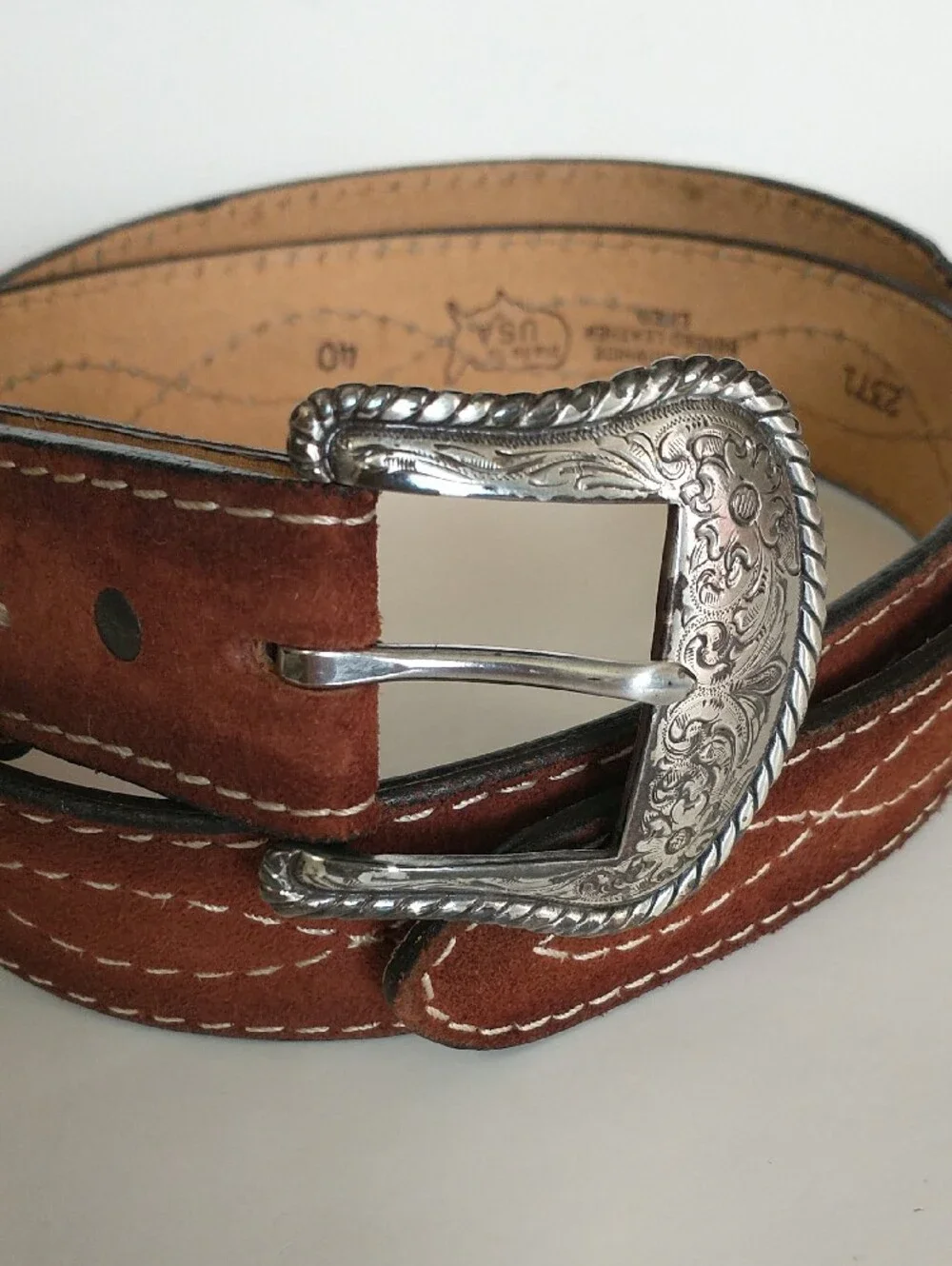 Brown Bonded Leather/ Suede Men’s Belt with Decorative Silver Buckle